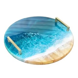 Bandeja de Arte de resina ovalada de lujo con olas oceánicas azules en base de madera, ideal para servir en la cocina moderna y exhibir decoraciones - Product Image 4