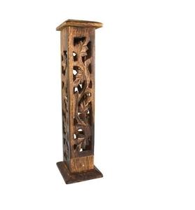 Brûleur d'encens tour carrée en bois sculpté avec attrape-cendres coulissant - Product Image 4