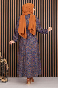 Vestido Hijab con Cinturón y Estampado de Leopardo Estilo Medio Oriente para Mujer, Algodón, Azul Marino, Venta al Por Mayor - Product Image 2