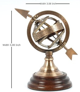 Antique Imitation Nautical Brass Armillary Sphere World Globe Sundial <b>Arrow</b> <b>Wooden</b> Base Metal Casting Technique Metal Crafts - Product Image 2
