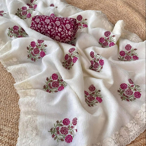 Saree en soie douce pure indienne de style Bollywood indien avec bordure en dentelle brodée et pièce de chemisier, saree de tenue de fête. - Product Image 1