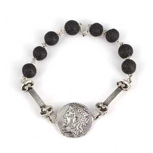 Pulsera Articulada de Plata de Ley 925 con Moneda de César, Cadena Fina de Piedra Volcánica y Joyería de Eslabones - Product Image 2