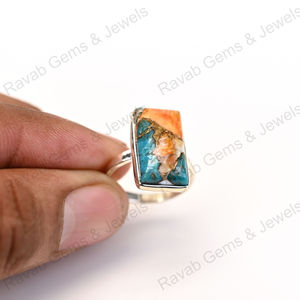 Superbe qualité solide 925 argent Sterling mélange huître Turquoise Rectangle forme lunette bague de réglage pour les femmes à la main bijoux fins - Product Image 6