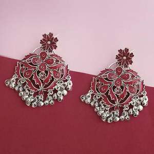 ต่างหูแบบห้อยปลายเงินชุบ Maroon meenakari afghani 1314254C - Product Image 1