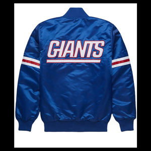 New York Giants Satin Varsity Jacket Mens <b>Blue</b> NFL Team Bomber Coat with Embroidered Logo Patches and Striped Sleeves - Product Image 6