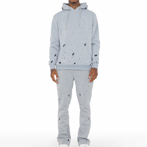 Trajes de sudor lisos personalizados Sudadera con capucha de peso pesado y pantalones de chándal apilados Conjunto de talla grande 100% Chándal de algodón Ropa Hombres - Product Image 1