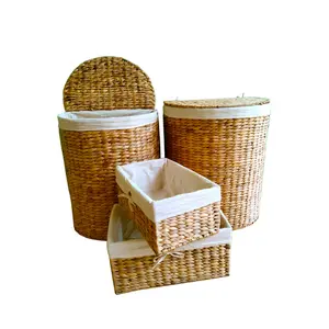 Laundry Hamper Water Hyacinth Semicircular With Rice Grain Pattern Lined With Cotton Fabric