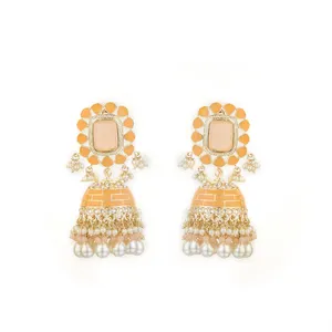 Beli anting-anting ekspor buatan tangan dari Indo Western Orange Meenakari Jhumki dengan lapisan emas 108874