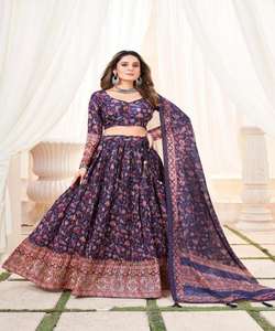 Lehenga Choli en coton chinon imprimé avec de riches broderies et un look de tenue de mariage/de soirée, dupatta inclus, option économique - Product Image 1