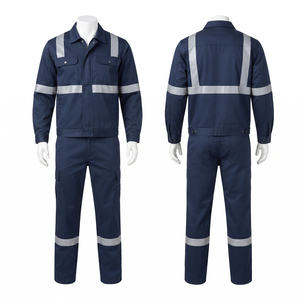 Combinaison de travail en sergé de coton poly premium 240 GSM, coupe-vent, certifiée CE, bleu marine, avec panneaux réfléchissants, logo personnalisé, sécurité - Product Image 1