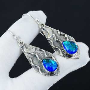 À la mode Vintage argent poire forme à la main boucles d'oreilles femmes fête cadeau bleu Triplet opale de feu mignon en argent Sterling troisième - Product Image 1