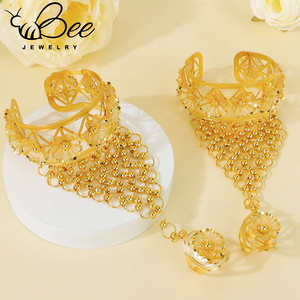 Anti Tarnish <b>Arabic</b> 24K Gold Plated Wedding Bracelet Jewelry Fashion Hollow Hand Chain Bracelet with <b>Ring</b> For Women - Product Image 3