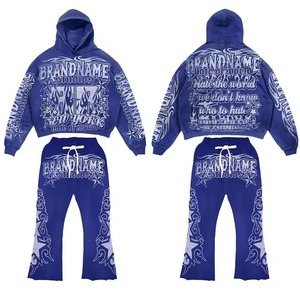 Ensemble survêtement personnalisé 100% coton, sweat-shirt et pantalon de survêtement à impression sérigraphique, patchs délavés, lavage à l'acide, fermeture éclair, survêtement pour hommes - Product Image 2