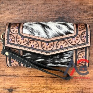 New Arrival Women's Luxury Western Leather Clutch Multi-Use Hand Tooled Carving with Stylish Cowhide Fur RFID <b>Feature</b> - Product Image 1