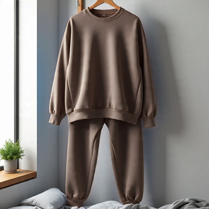 Survêtement unisexe bleu uni, col rond, manches longues, coupe ample, décontracté, pour l'automne, 100% coton, poids moyen, taille élastique - Product Image 3