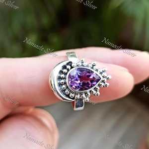 <b>Amethyst</b> <b>Ring</b> 925 Sterling <b>Silver</b>: Handmade Pear Shape Purple Gemstone - Product Image 4