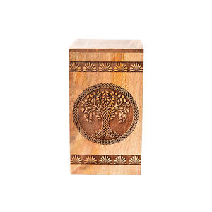 Grande urna funebre in legno di Teak personalizzata 'albero della vita' incisa con scatola di casa per animali domestici - Product Image 1