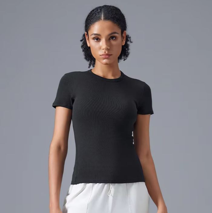 Women Customizable Cotton Ribbed Soft Solid Color O-Neck Fitness Wear Shirts Sportswear Regular Breathable Yoga Short T-Shirts