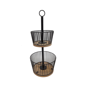 2 Tier Wood Iron Wire <b>Basket</b> in Round Shape <b>Black</b> Finished for Tabletop Fruit and Vegetables <b>Storage</b> <b>Basket</b> - Product Image 1