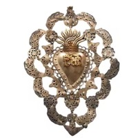 Ornement mural moderne en métal Cœur Sacré, pendentif flamme dorée, décoration catholique de Noël, artisanat écologique et durable