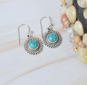 Boucles d'oreilles rondes en argent sterling 925 turquoise bleue bijoux faits à la main cadeau pour fête d'anniversaire fiançailles prix usine - Product Image 3