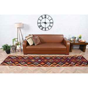 Turkish 2.2x10.3 ft Eco-Friendly Vintage <b>Runner</b> Rug <b>Red</b> Orange Patchwork Wool with Latex Backing - Product Image 1