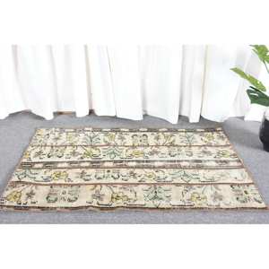 Tapis Vintage en Laine Turque Beige Vert 2 X 3.2ft Fait à la Main Grande Surface Rectangle Patchwork Design pour Couloir Style Classique Latex - Product Image 3