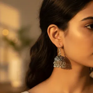 Cultural Indian Bohemia Style 925 Silver Jhumka Earrings for Women's Wedding Gift Collection Wholesale SKU AGER-22698 - Product Image 1