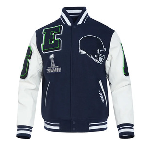 Chaqueta de béisbol universitaria de talla grande para hombre, chaqueta de lana retro con mangas de cuero, bombardero informal con letras y logotipo personalizado bordado - Product Image 1
