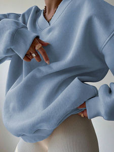 Custom Autumn Casual Sports Solid Color Long Sleeve Street Wear V-Neck Drop Shoulder Loose Fit Sweatshirts for Women - Product Image 6