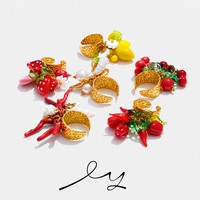 Bagues épaisses personnalisées XY 286 en résine acrylique, émail coloré, piment rouge, cerise et coquille de citron, plaquées or pour femme