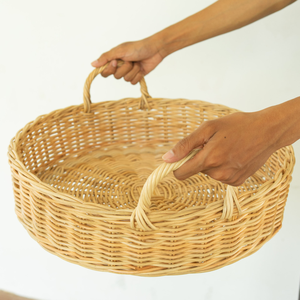 Handmade Natural Rattan Eco-Friendly Multifunction Round Serving <b>Basket</b> <b>Tray</b> Handles Wicker Organizer for Home Kitchen Storage - Product Image 1
