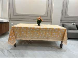 Mantel Estampado a Mano con Diseño Floral Amarillo Sunglow, Verde Lima, Rosa y Verde, Cubierta de Tela Artesanal para Decoración de Mesa Navideña - Product Image 6