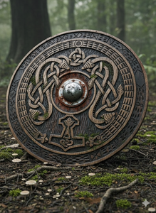 Escudo Tallado Antiguo en Madera de 18 mm, Tamaño de 24 Pulgadas, Trabajo de Tallado a Mano con Mango de Cuero, Acabado Natural Pulido - Product Image 2