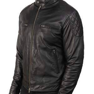 Gatsby-Chaqueta de motorista de piel de oveja auténtica para hombre, cazadora con cremallera, forro de viscosa acolchado y bolsillos exteriores interiores, color negro - Product Image 5