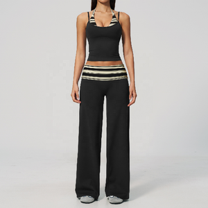 Wholesale Custom 2026 Black Striped Halter Crop Top High Waist Knee Length Leggings 2 Piece Set Seamless Yoga Wear - Product Image 5