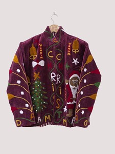 Hand Embroidered <b>Christmas</b> Velvet Bomber <b>Jacket</b> Full Sleeve Stand Collar Plus Size Women's Winter Holiday Style - Product Image 1