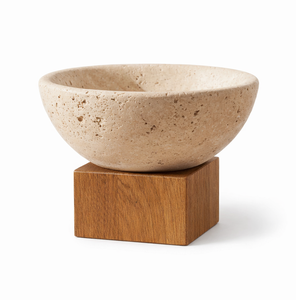 Cuenco Decorativo de Madera Acanalado de Lujo con Base de Piedra Travertino Natural para Mesa de Centro, Consola, Estante, Estilo Moderno para el Hogar - Product Image 6