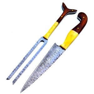 Wholesale 11\" Japanese Damascus Steel Fixed Blade Steak <b>Knife</b> <b>Fork</b> <b>Set</b> Handmade for Outdoor Camping Usage Low Price Factory - Product Image 1