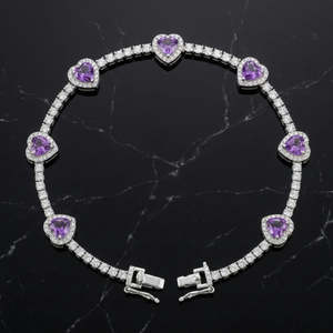 Bracelet tennis élégant en améthyste taille cœur avec halo de pierres rondes, chaîne fine en or blanc, bijou raffiné pour femme - Product Image 6