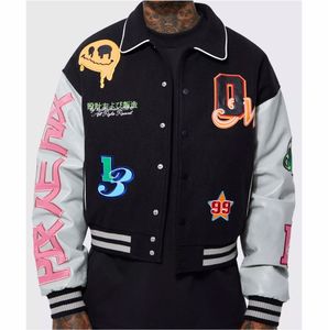 Veste de baseball universitaire pour hommes Coquille en cuir épais en toile imperméable et écologique Patches de corps d'hiver Patchwork - Product Image 6