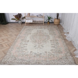 Tapis vintage 5,9x9 pieds, grand tapis turc, tapis en laine gris rose à motifs floraux - Product Image 1