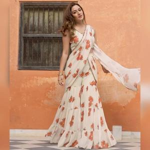 Robe saree ethnique traditionnelle en organza Sharara avec broderie de couleur blanche personnalisée - Product Image 2