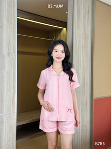 B785 Custom Design Maternity <b>Set</b> High Quality <b>Linen</b> Shorts with Anti-Shrink & Good Absorbency Polka Dot Casual Wear - Product Image 4