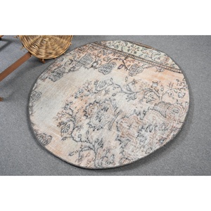 Tapis turc traditionnel rond de 4x4 pieds, écologique, en laine, beige, patchwork, avec support en latex, tapis abstrait - Product Image 1