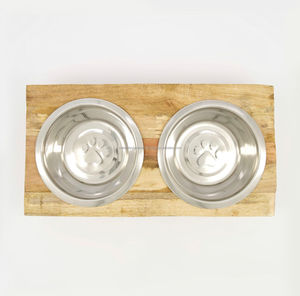 Mangeoire à double dîner en bois pour chien Bols en acier inoxydable Support de conception simple surélevé en bois Plat pour animaux de compagnie - Product Image 5