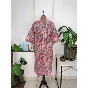Kimono Boho Hecho a Mano, Vestido Floral de Verano, Ligero y Lujoso, Bata de Algodón para Vacaciones en la Playa, Estilo Indio - Product Image 1