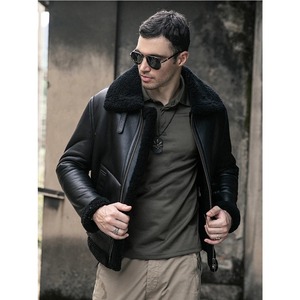 Blouson aviateur en cuir véritable en peau de mouton, fermeture éclair en fourrure, rembourrage en coton, noir - Product Image 6