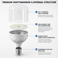 Ampoule LED T à facettes diamantées, type colonne haute, 10W-60W, E27 B22 E40, AC165-265V, faisceau 270D, diffuseur opale, pour entrepôts de culture et locaux professionnels