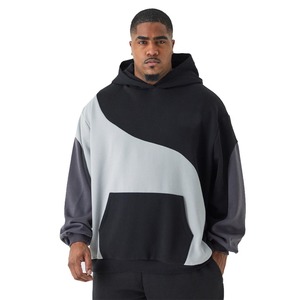 Sudadera con capucha de gran tamaño con panel de contraste de angustia para hombre, Sudadera con capucha de manga larga informal de gran tamaño, Sudadera con capucha de invierno cálida lisa - Product Image 1